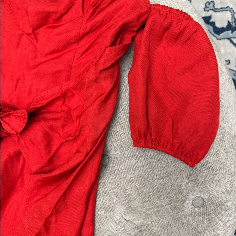 LPA The Label Dress 146 red tie front off shoulder puff sleeve linen viscose S - Picture 6 of 11